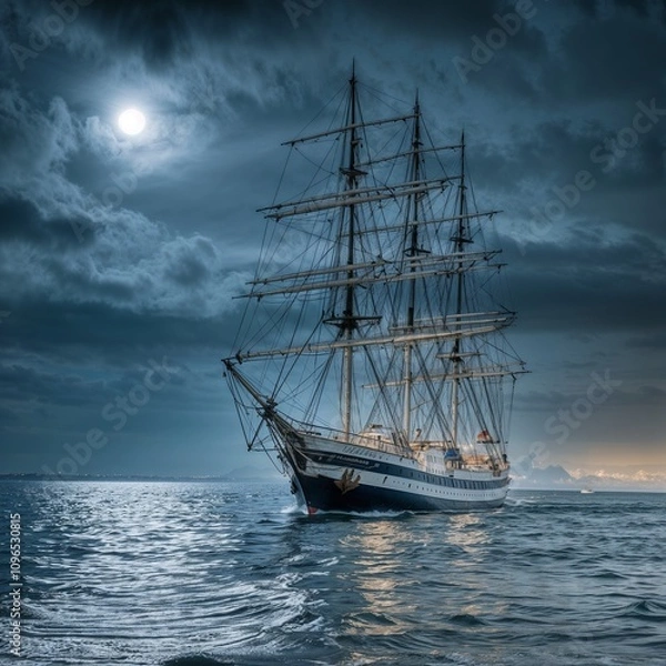 Fototapeta Sailing ship with tall masts sails on a tumultuous sea, the soft glow of the moon in the night sky with silvery reflection on the water at an impending storm.