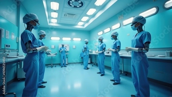Fototapeta Medical team in blue scrubs in a hospital operating room, discussing surgery, sterile environment, healthcare professionals. Generative, AI.