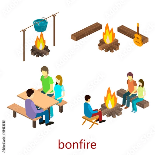 Obraz Isometric object for camping.People sitting around the campfire