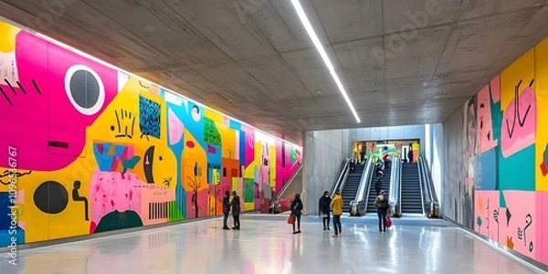 Fototapeta Colorful Urban Subway with Modern Wall Art