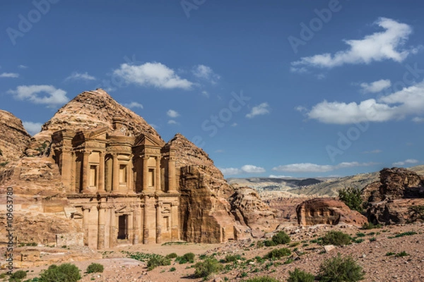 Fototapeta Side view of Ad Deir (aka The Monastery or El Deir) in the ancient city of Petra (Jordan)