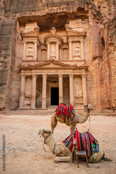 Obraz Close-up front view of the famous Al-Khazneh (aka Treasury) with camels resting next to it in the ancient city of Petra (Jordan)