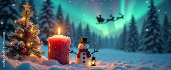 Fototapeta 3D illustration for Merry Christmas card. A Christmas tree, a red candle, and a snowman wearing a top hat and red scarf with a lantern. Northern lights with the silhouette of a sleigh pulled by reinde