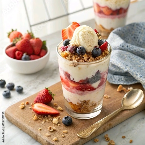 Obraz Ice cream parfait with layers of ice cream, fruit, and granola