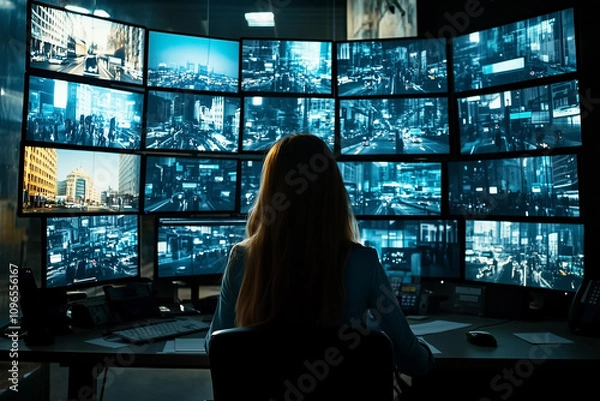 Fototapeta Female security guard sitting at the desk, looking through multiple monitors displaying live footage of buildings and streets in the city center, with a dark background and a high-tech atmosphere.