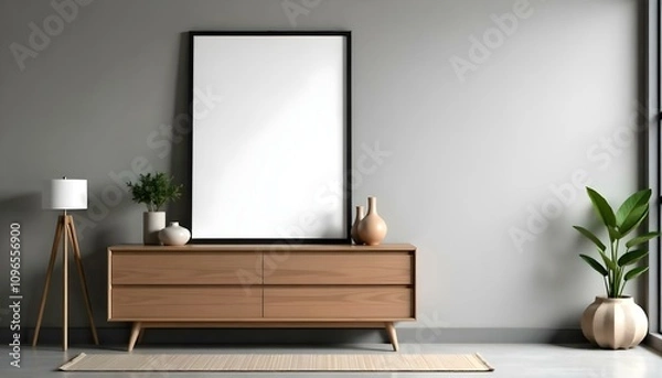 Fototapeta A modern living room with a wooden TV stand, a large framed mirror, and decorative vases on the stand