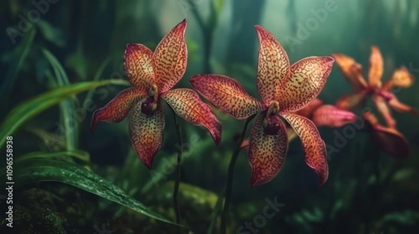 Fototapeta A close-up of Amazonian orchids reveals their intricate patterns and vibrant colors, standing out brilliantly against the lush green backdrop of the rainforest.