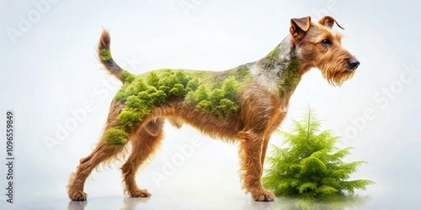 Fototapeta Captivating Double Exposure Photography of an Irish Terrier Dog on a White Background, Blending Nature's Elements for a Stunning Visual Experience