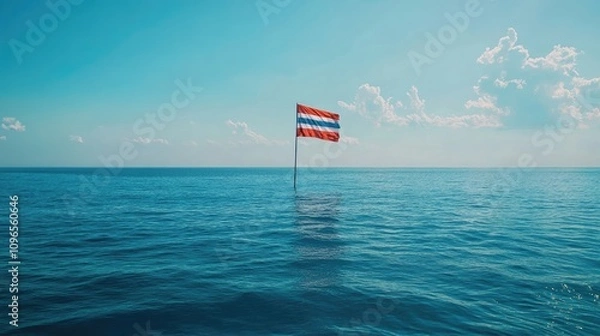 Fototapeta A lone flag stands tall in the vast ocean under a bright blue sky. The serene scene evokes feelings of peace and freedom.