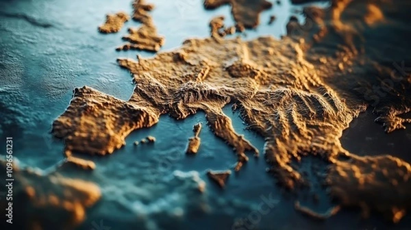 Fototapeta A stunning, textured close-up of a topographic map highlighting Europe's diverse terrain. The golden hues of the land contrast beautifully with the deep blue of the surrounding waters.