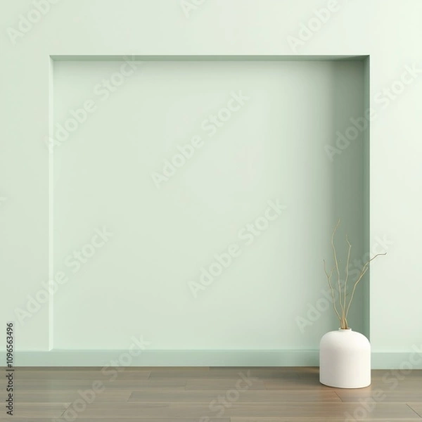 Fototapeta Minimalist interior design with a single white vase and dried branches on a light green wall with wooden floor.