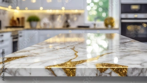Obraz Modern Kitchen interrior room with white marble empty table blurred background mockup