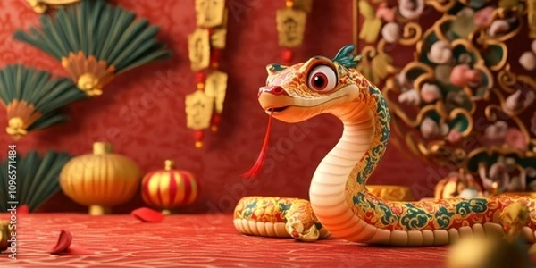 Fototapeta Adorable Snake with Copyspace for Custom Design and Messaging on Chinese New Year
