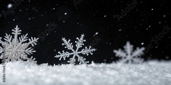 Fototapeta Winter Wonderland Intricate Snowflakes Resting on a Snowy Surface Against a Dark Background with Falling Snow