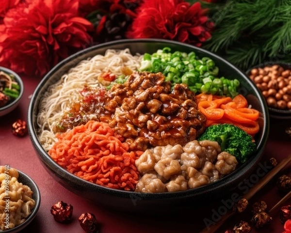 Fototapeta Celebrate the Year of the Rabbit with a Lunar New Year Feast A Festival Menu Featuring Exquisite Dishes Inspired by the Zodiac Animal, Blending Culinary Delights and Symbolic Food Representations for