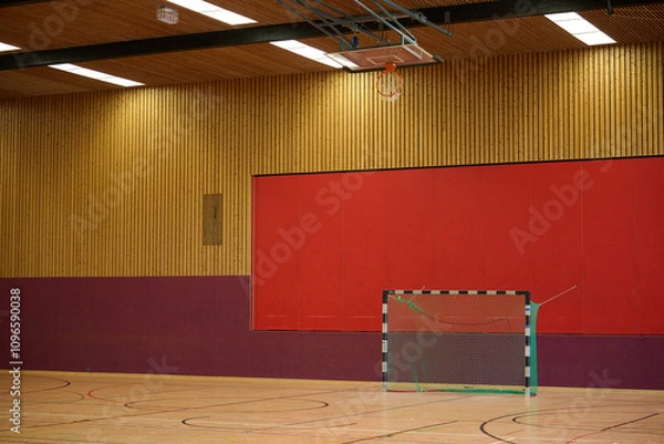 Fototapeta Spacious indoor gymnasium featuring a handball goal, vibrant red and purple wall, and wooden-paneled ceiling with lighting.