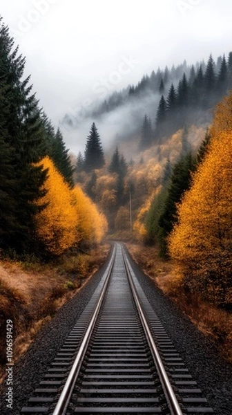 Fototapeta Fog envelops the old railroad track, creating a serene atmosphere as it leads through the dense forest under soft morning light