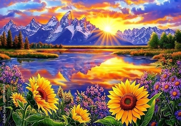 Obraz Sunflowers and Wildflowers Blooming Before the Grand Teton Mountains at Sunset with Vibrant Sky, Clouds, and Scenic River Reflections in a Serene Landscape.