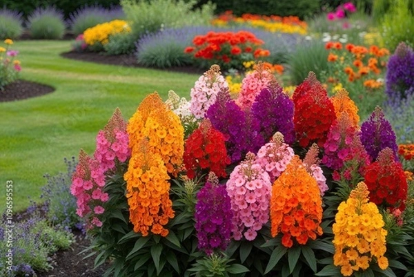 Fototapeta Lush Colorful Flower Clusters in a Scenic Garden Landscape