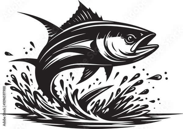 Fototapeta A black and big tuna jumping out of the water silhouette vector