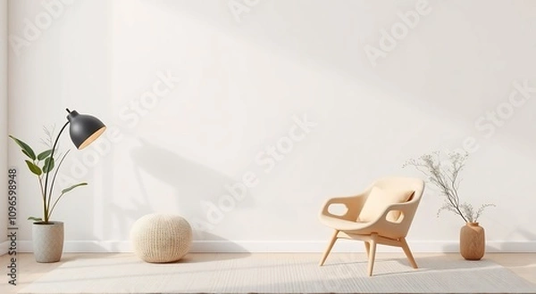 Fototapeta Minimalist living room with a beige armchair, a floor lamp, and a knitted ottoman on a rug.