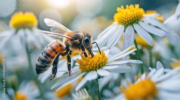 Fototapeta A bee pollinating a white daisy flower in a field.