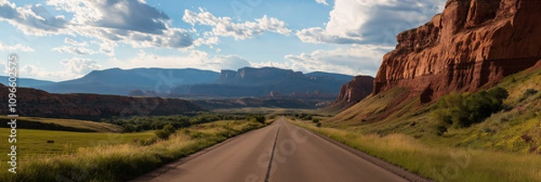 Obraz A scenic open road stretching towards red rock formations and distant mountains, symbolizing freedom and adventure amidst stunning natural landscapes and vistas.