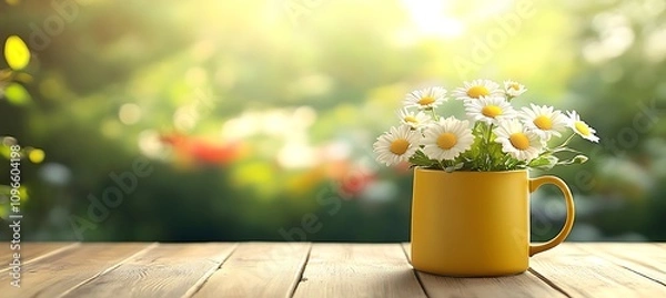 Obraz Spring Background with Daisy Flowers in a Yellow Metal Mug on a Wooden Table, Blurred Garden Nature Scene, Sunny Day, Pastel Colors for Product Display Mock-Up Design.spring background, daisy flowers,