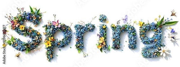 Obraz Spring" Word Art Made of Colorful Nature Elements on White Background, Photorealistic Photography Style, Celebrating the Beauty of Spring.