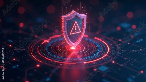 Fototapeta 3D holographic digital shield with warning symbols representing threat detection on a dark background