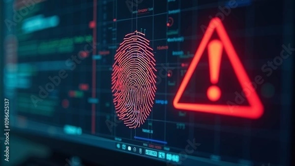 Fototapeta Close-up of digital fingerprint scan with warning symbol on computer screen indicating security breach