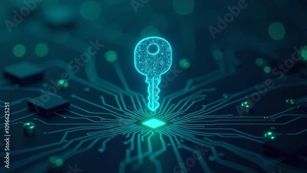 Fototapeta Floating digital key above a network of circuits, symbolizing data access control with blue and green glow