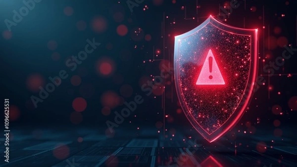 Fototapeta Futuristic holographic shield with red alert icon on dark background, depicting threat detection technology