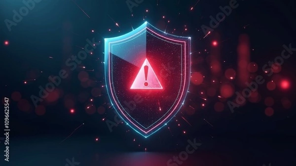 Fototapeta Dynamic holographic shield with red alert symbol, representing digital safety in a dark virtual landscape