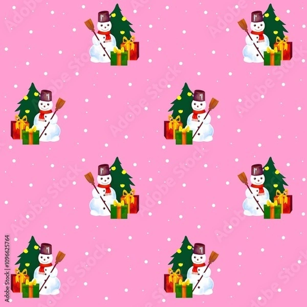 Fototapeta Christmas seamless pattern with snowmans