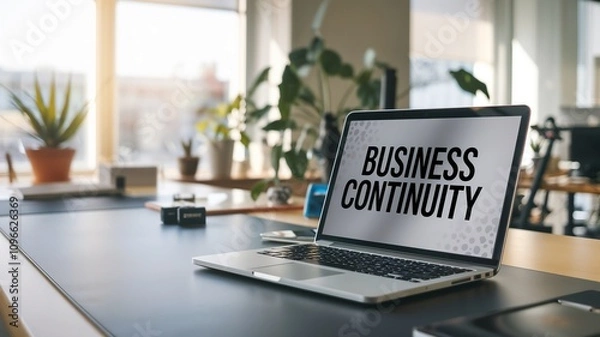 Fototapeta Business Continuity text displaying on an opened laptop on a desk in modern office. Problem solving, solution and intervention, stability failure concepts.