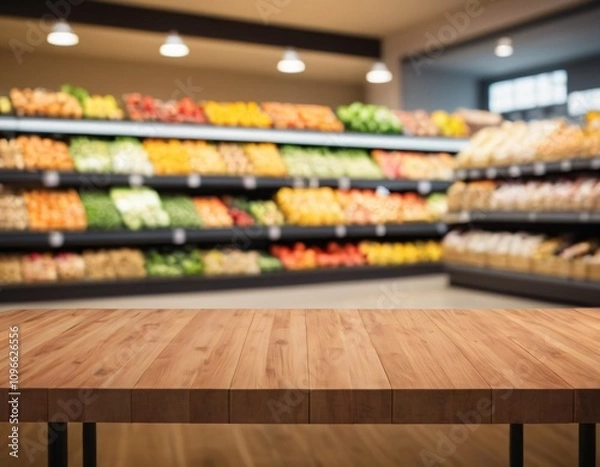 Obraz Empty wood table top with supermarket blurred background for product display
