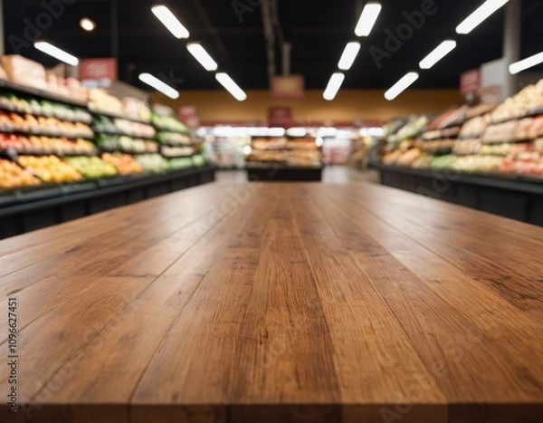 Obraz Empty wood table top with supermarket blurred background for product display