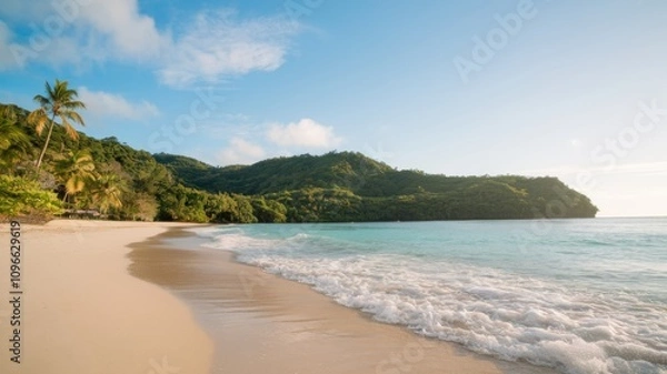 Obraz Serene beach with soft white sand, calm turquoise water, and a peaceful sky during a tranquil day by the sea.