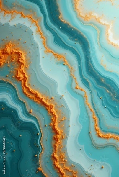 Fototapeta Marble background. Lines in turquoise and orange tones with gold powder