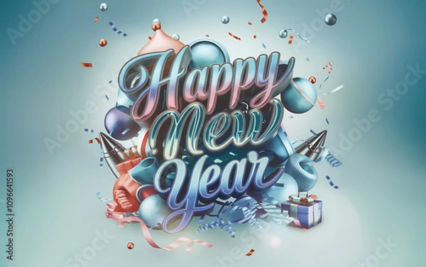 Obraz Elegant Happy New Year 2025 Greeting Card Design Illustration with Festive Ribbons. New Year Template, Banner, Background with Balloons, Confetti, Ribbon, Party Rocket, Gifts, & Festive Decorations.