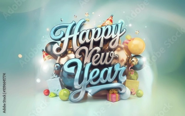 Obraz Elegant Happy New Year 2025 Greeting Card Design Illustration with Festive Ribbons. New Year Template, Banner, Background with Balloons, Confetti, Ribbon, Party Rocket, Gifts, & Festive Decorations.