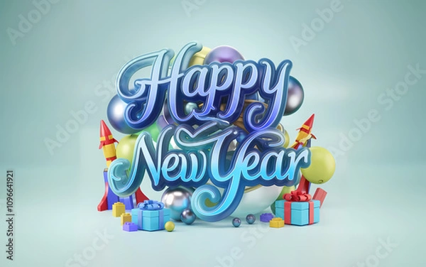 Obraz Elegant Happy New Year 2025 Greeting Card Design Illustration with Festive Ribbons. New Year Template, Banner, Background with Balloons, Confetti, Ribbon, Party Rocket, Gifts, & Festive Decorations.