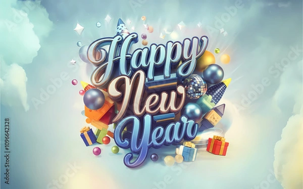 Obraz Elegant Happy New Year 2025 Greeting Card Design Illustration with Festive Ribbons. New Year Template, Banner, Background with Balloons, Confetti, Ribbon, Party Rocket, Gifts, & Festive Decorations.