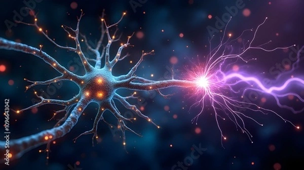 Obraz A detailed illustration showcasing neuron connection with active synapse, highlighting nerve communication and electrical signals. Perfect for concepts of neuroscience, biology, and brain functions.