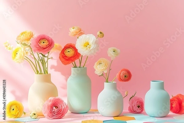 Obraz Still Life with Colorful Vases, Pastel Ranunculus, and Multicolored Paper Tiles on a Pink Background, Natural Light, High-Resolution Photography in Minimalist Style.