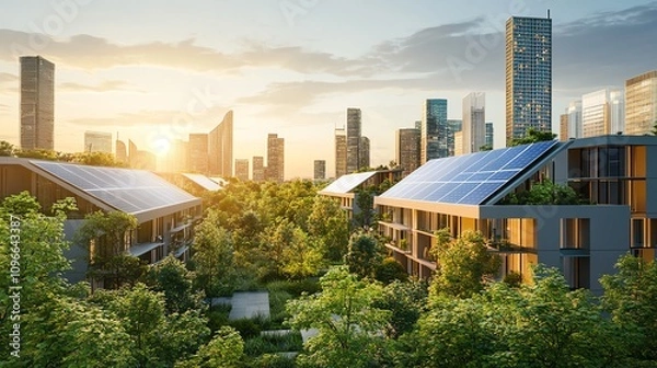 Obraz A futuristic urban cityscape with sleek, solar-paneled buildings, eco-friendly infrastructure, and abundant greenery, showcasing eco-solutions in city planning