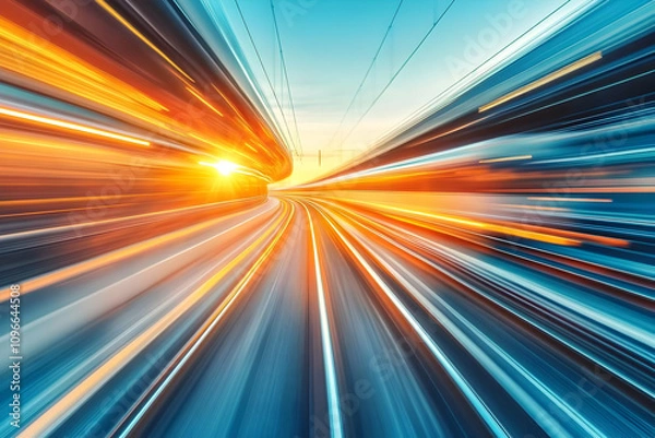 Fototapeta Abstract Speed: Light Trails of a Fast-Moving Vehicle Through a Tunnel at Sunset