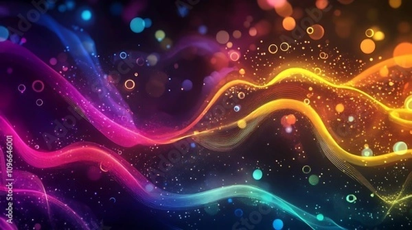 Obraz Colorful Abstract Background with Vibrant Waves, Bubbles, and Rainbow-Colored Lines and Dots – Vector Illustration for Design and Banners