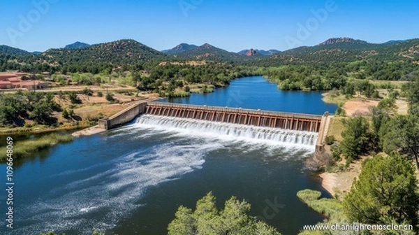 Fototapeta Torrents of water powering a hydroelectric dam amidst a serene mountain landscape, with clear skies and dense forest framing the scene.